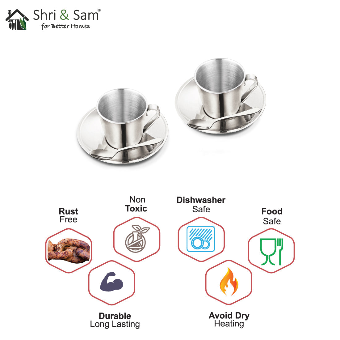 Stainless Steel 2 PCS Double Wall Cup and Saucer Rise