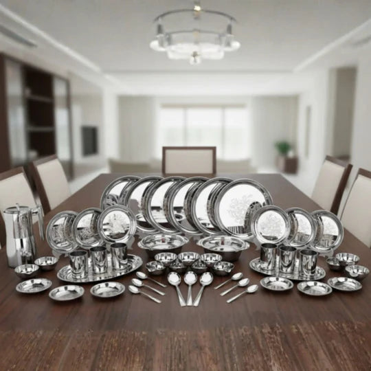 VINOD 51 Pieces Laser Stainless Steel Dinner Set, Heavy Gauge steel, Tough and Strong, Durable shine, Dishwasher safe and ISI certified