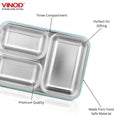VINOD Stainless Steel Tiffin 3 Compartment Airtight Silicone-Sealed Lid, Food-Grade Steel, Secure Clips and Insulated