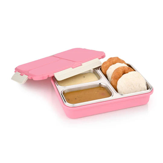 VINOD Stainless Steel Tiffin 3 Compartment Airtight Silicone-Sealed Lid, Food-Grade Steel, Secure Clips and Insulated