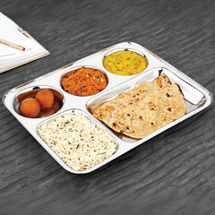 Vinod Stainless Steel 5 Compartment Mess Tray with Round Edges / Rectangle Steel Thali / Lunch & Dinner Plate/ Bhojan Thali – 2Pcs