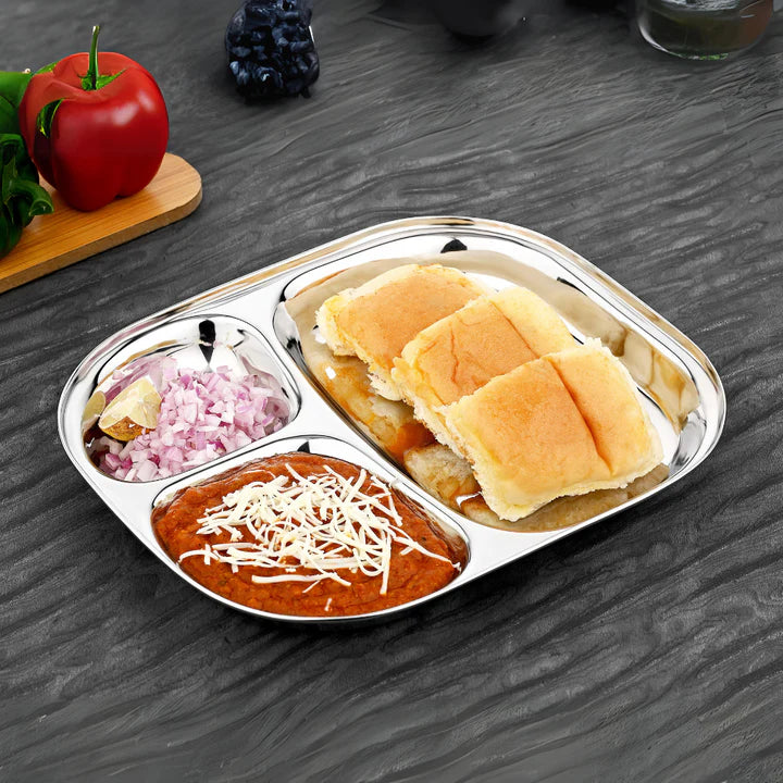 Vinod Stainless Steel 3 Compartment Plate with Round Edges/ Pav Bhaji Plates/ Idli Sambhar Breakfast Plate / Steel Plates for Lunch/Dinner [Pack of 2 ]
