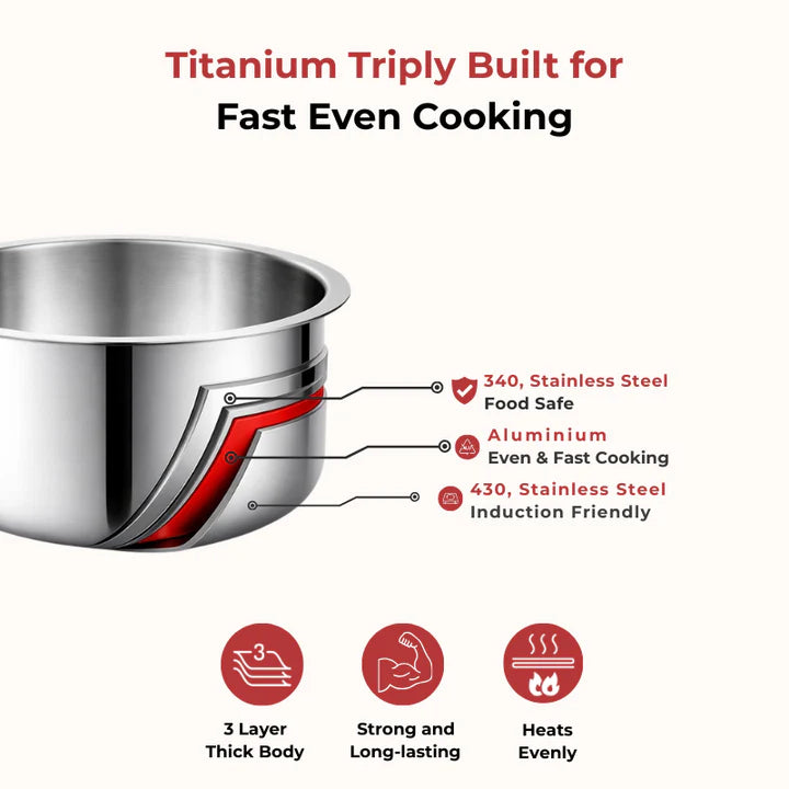 Doniv Titanium Triply Stainless Steel Tope with Cover , Induction Friendly