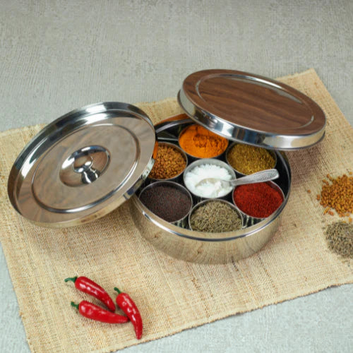 VINOD Stainless Steel Masala Dabba / Spice Box with 7 Containers, Spoon & Inner Lid, Mirror Finish, Rust Free