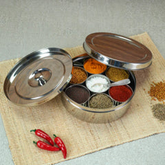 VINOD Stainless Steel Masala Dabba / Spice Box with 7 Containers, Spoon & Inner Lid, Mirror Finish, Rust Free