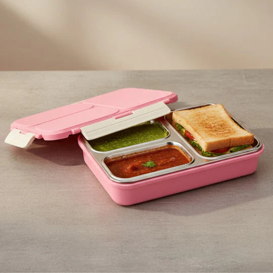 VINOD Stainless Steel Tiffin 3 Compartment Airtight Silicone-Sealed Lid, Food-Grade Steel, Secure Clips and Insulated