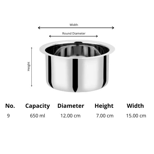 VINOD Stainless Steel Induction Friendly Flat Bottom Tope without Lid 650 ml No 9 with Mirror Finish, Highest Grade Steel and Rust free