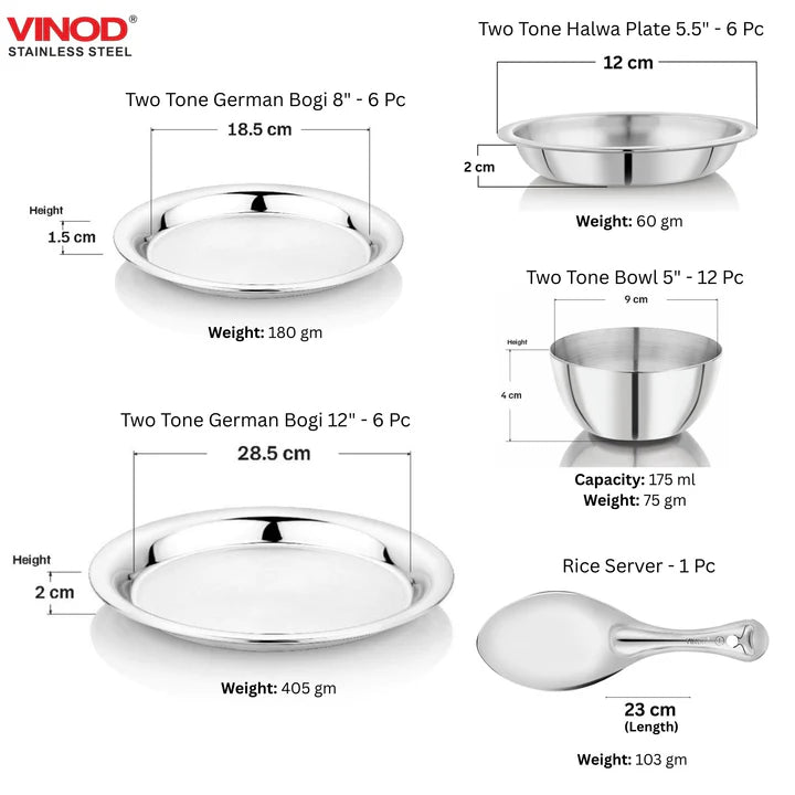 Vinod 55 Pieces Two Tone Stainless Steel Dinner Set, Heavy Gauge, Rust-Free, Durable, Dishwasher Safe and ISI Certified