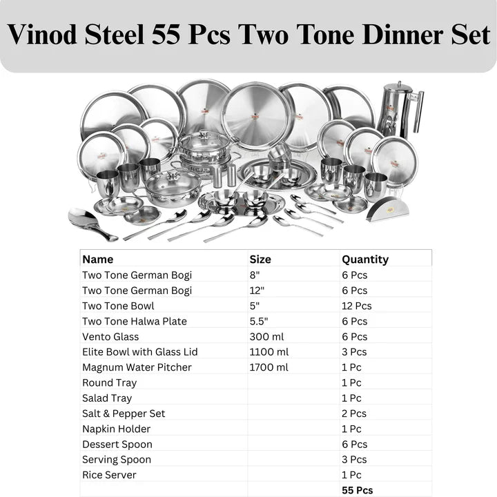 Vinod 55 Pieces Two Tone Stainless Steel Dinner Set, Heavy Gauge, Rust-Free, Durable, Dishwasher Safe and ISI Certified