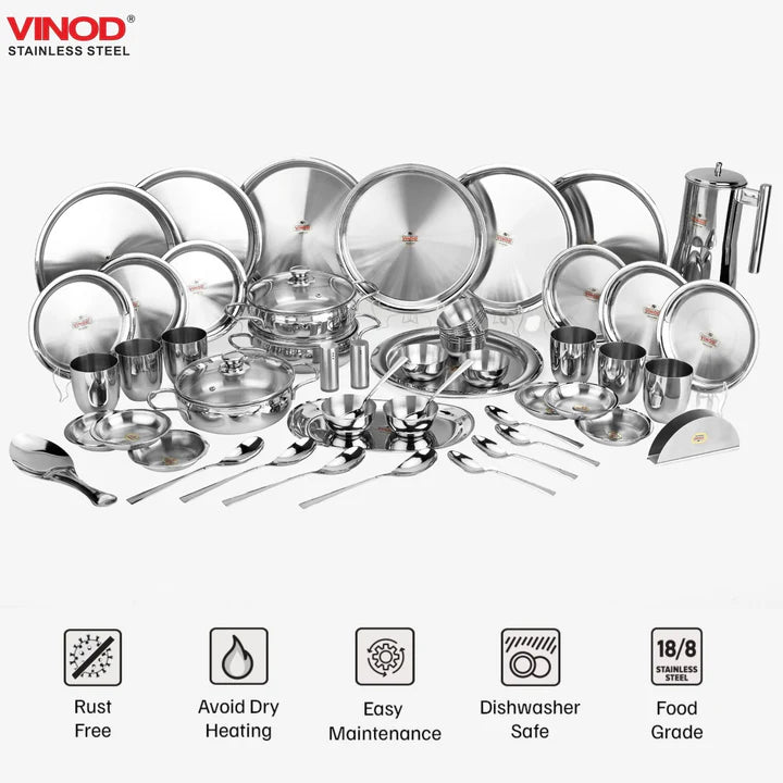 Vinod 55 Pieces Two Tone Stainless Steel Dinner Set, Heavy Gauge, Rust-Free, Durable, Dishwasher Safe and ISI Certified