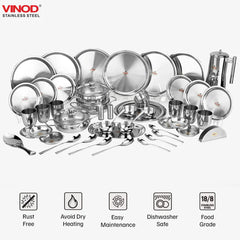 Vinod 55 Pieces Two Tone Stainless Steel Dinner Set, Heavy Gauge, Rust-Free, Durable, Dishwasher Safe and ISI Certified