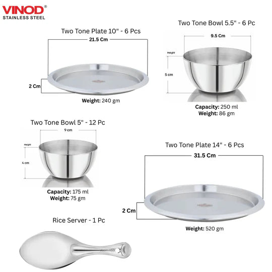 Vinod 61 Pieces Two Tone Deluxe Dinner Set, Heavy Gauge, Rust-Free, Tough and Strong, Durable, Dishwasher Safe & ISI Certified