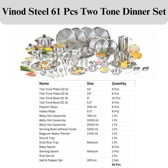 Vinod 61 Pieces Two Tone Deluxe Dinner Set, Heavy Gauge, Rust-Free, Tough and Strong, Durable, Dishwasher Safe & ISI Certified