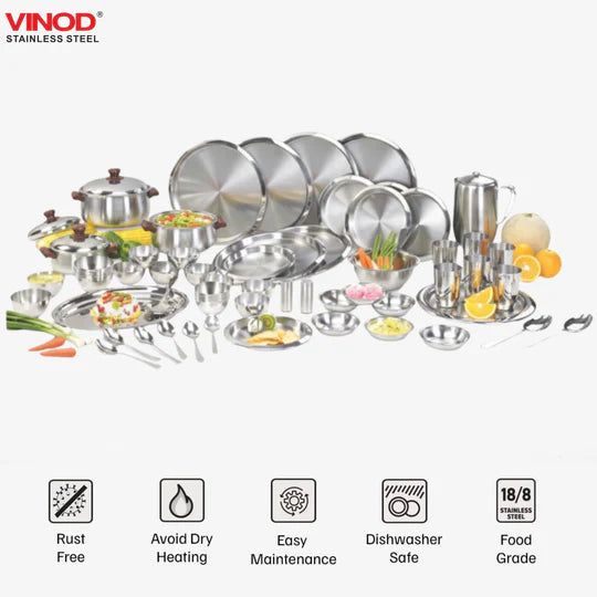 Vinod 61 Pieces Two Tone Deluxe Dinner Set, Heavy Gauge, Rust-Free, Tough and Strong, Durable, Dishwasher Safe & ISI Certified