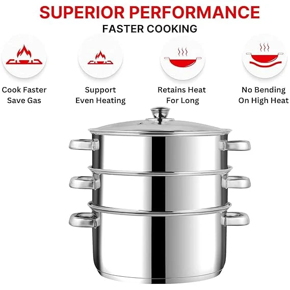 Vinod Stainless Steel 3 Tier Steamer Set (Induction Friendly)