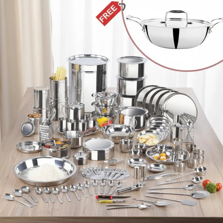 114 Pieces Deluxe Griha Pravesh Set with Complimentary Pawali and Kadai Ideal for Weddings and Housewarming Gifting
