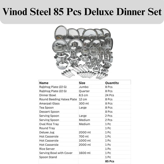 Vinod 85 Pieces Deluxe Stainless Steel Dinner Set, Rust-Free Heavy Gauge Steel, Mirror Finish, Dishwasher Safe and ISI Certified