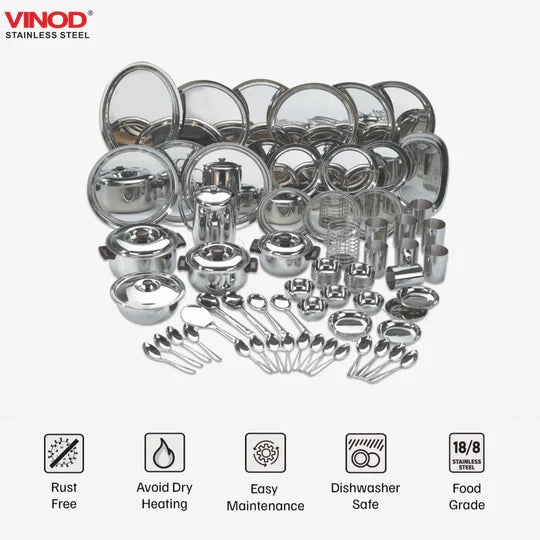 Vinod 85 Pieces Deluxe Stainless Steel Dinner Set, Rust-Free Heavy Gauge Steel, Mirror Finish, Dishwasher Safe and ISI Certified
