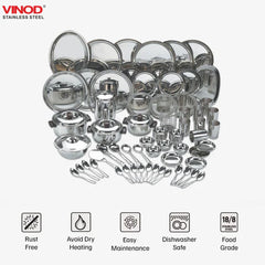 Vinod 85 Pieces Deluxe Stainless Steel Dinner Set, Rust-Free Heavy Gauge Steel, Mirror Finish, Dishwasher Safe and ISI Certified