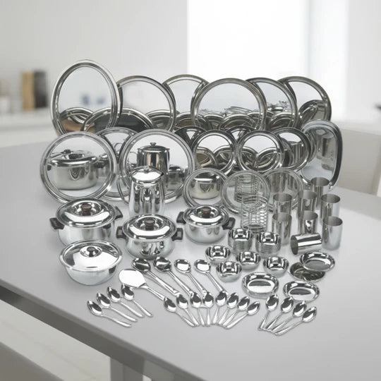 Vinod 85 Pieces Deluxe Stainless Steel Dinner Set, Rust-Free Heavy Gauge Steel, Mirror Finish, Dishwasher Safe and ISI Certified