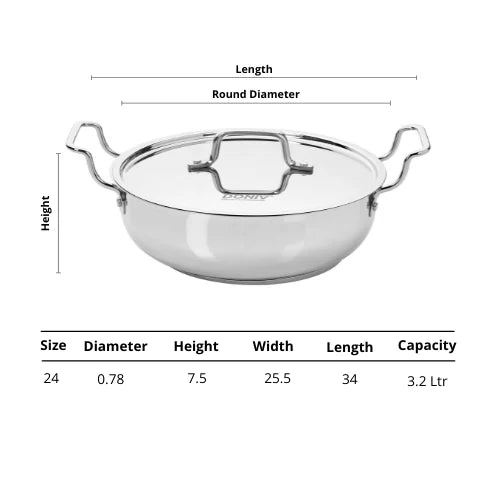 Doniv 3 Piece Majestic Sandwich Bottom Cookware Set, 1 Piece Kadhai with Lid 24 cms, 1 Piece Sauce Pan with Lid 14 cms & 1 Piece Fry Pan 20 cms