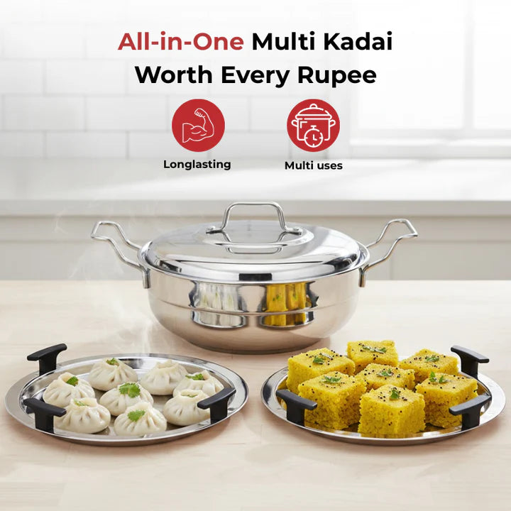 Doniv Stainless Steel Induction Bottom Multi Kadhai with 5 Plates (2 Idli, 1 Mini Idli, 1 Patra/Momos, 2 Khaman / Dhokla)