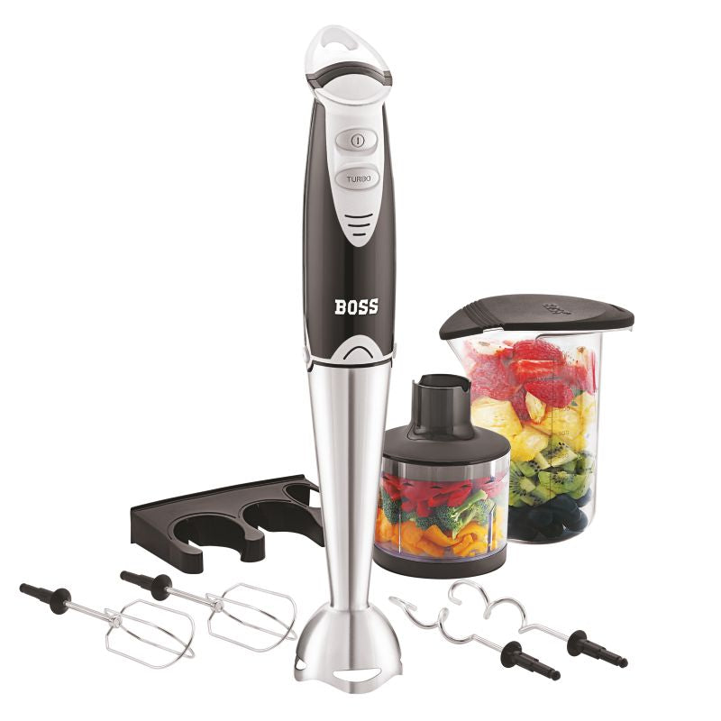 BOSS Quickmix Hand Blender 450 watts Hand Blender, Variable speed control, Chopper & Measuring Jar, Whisk & Dough hooks, 2 Years Warranty