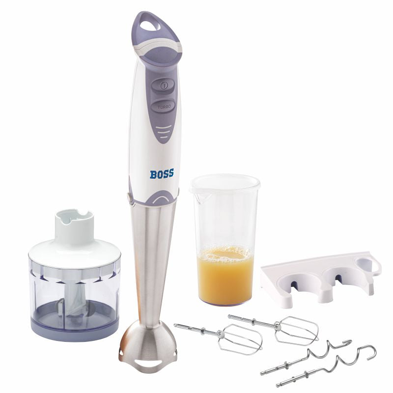 BOSS Quickmix Hand Blender 450 watts Hand Blender, Variable speed control, Chopper & Measuring Jar, Whisk & Dough hooks, 2 Years Warranty