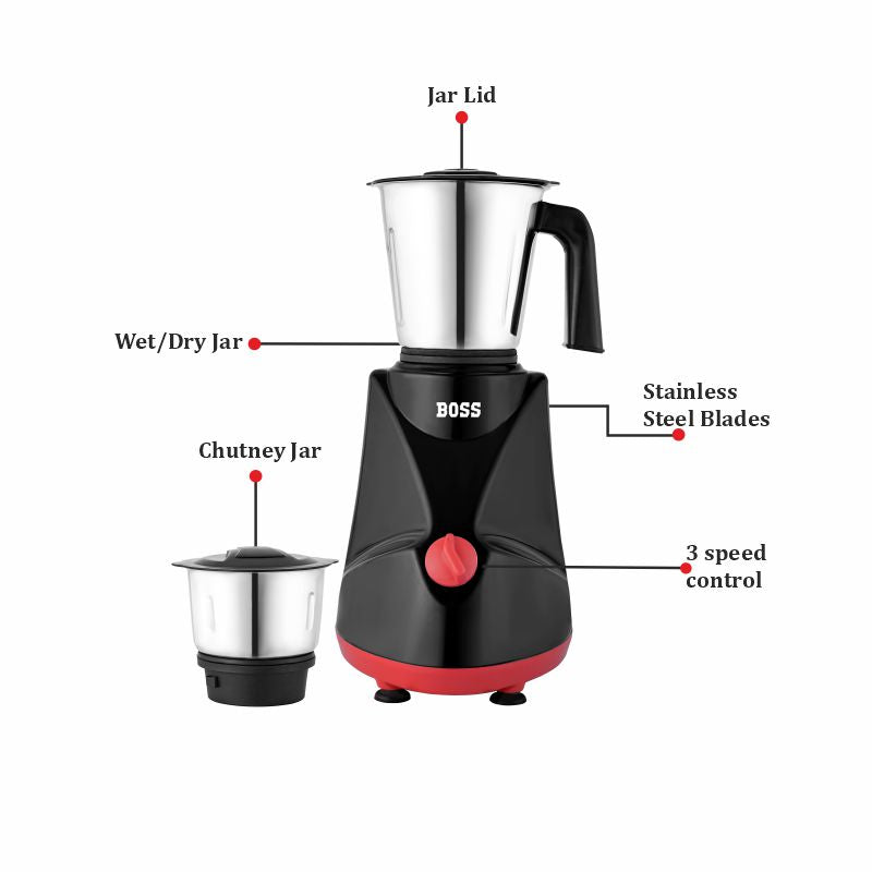 BOSS Comfort Plus 500W Mixer Grinder with Powerful Motor, 3 SS Jars, 2 years warranty