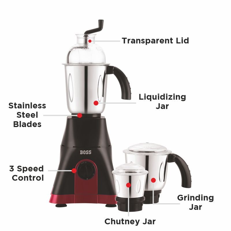 BOSS Cyclone-Nx 750W Mixer Grinder with Powerful Motor, 3 SS Jars, 5 years warranty