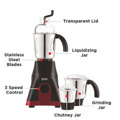 BOSS Cyclone-Nx 750W Mixer Grinder with Powerful Motor, 3 SS Jars, 5 years warranty