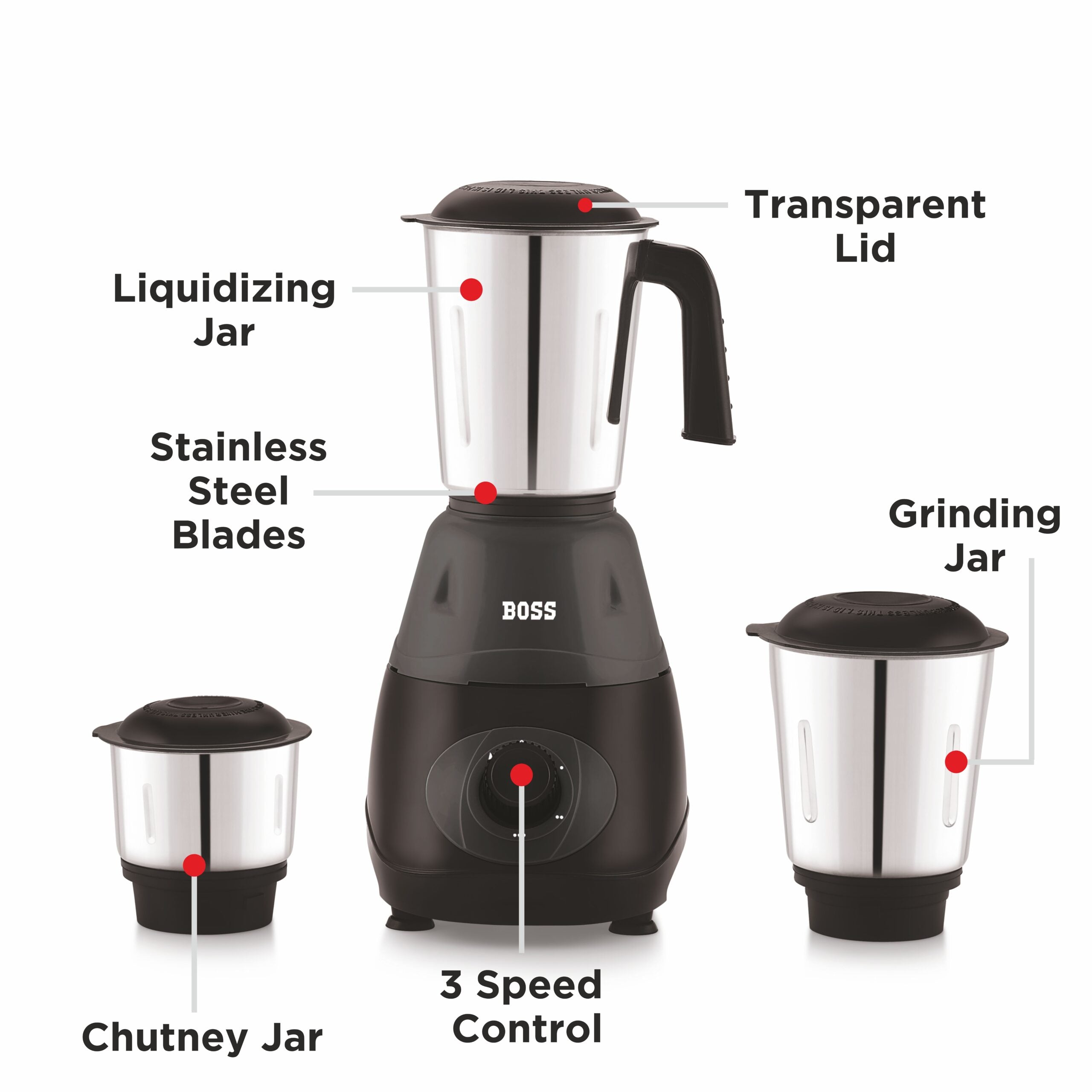 BOSS Bravo 500W Mixer Grinder with Powerful Motor, 3 SS Jars, 2 years warranty