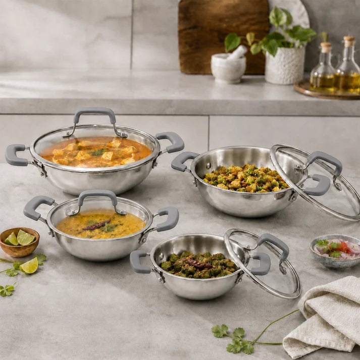 Vinod Luxe Triply (SAS Metal) Kadai with Glass Lid (Induction Friendly)
