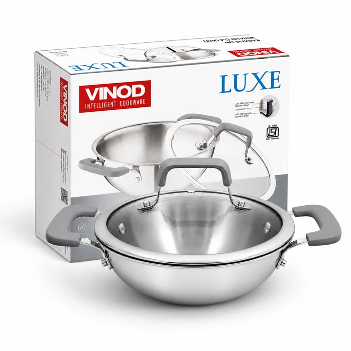 Vinod Luxe Triply (SAS Metal) Kadai with Glass Lid (Induction Friendly)