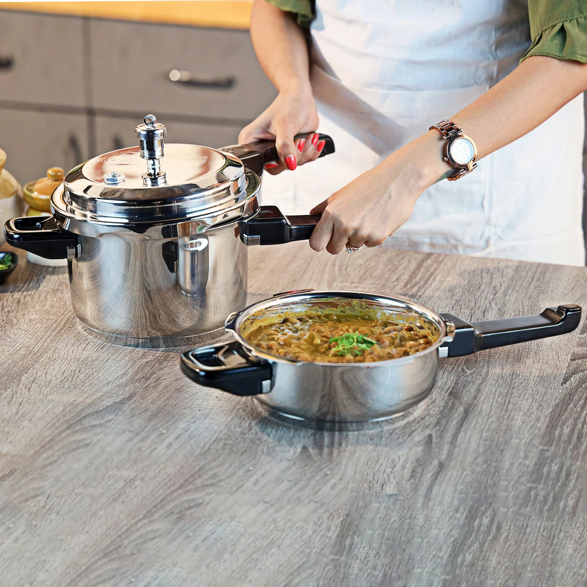 Vinod Combo Set - Regular Outer Lid Pressure Cooker with Deep Pan Pressure Cooker & Common Lid