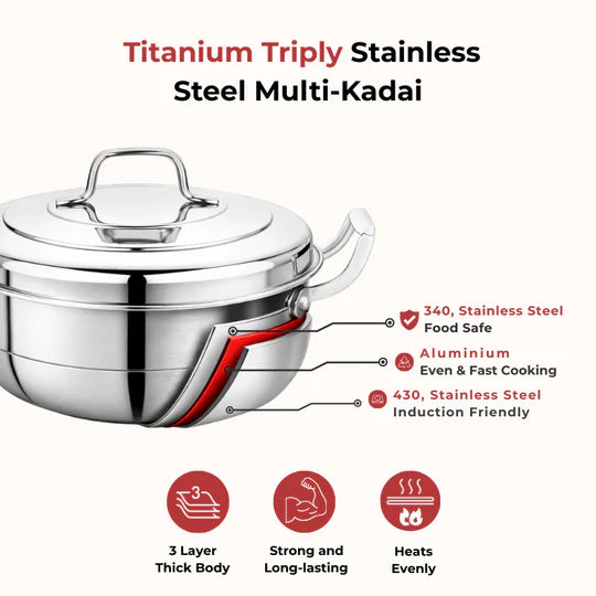 Doniv Triply Stainless Steel 6 Plates and 1 Multipurpose Kadai Steamer for Idli, Dhokla, Momos Heavy Guage Idli Dhokla Cooker Induction & Gas Stove Compatible (2 Idli, 1 Mini Idli, 1 Patra/Momos, 2 Khaman / Dhokla)