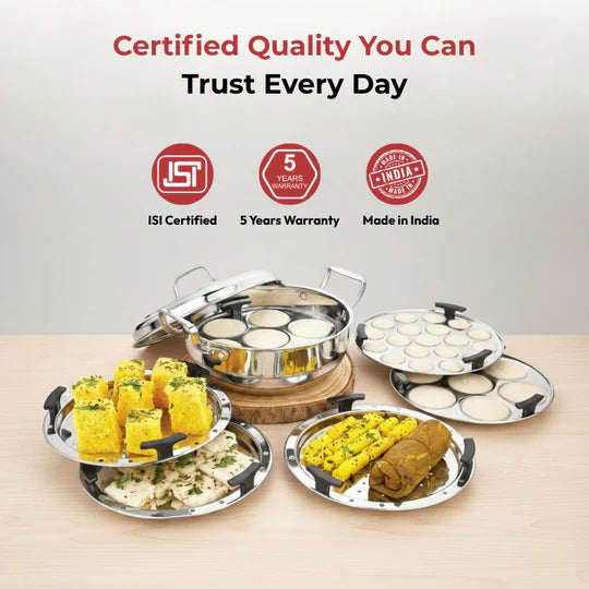 Doniv Triply Stainless Steel 6 Plates and 1 Multipurpose Kadai Steamer for Idli, Dhokla, Momos Heavy Guage Idli Dhokla Cooker Induction & Gas Stove Compatible (2 Idli, 1 Mini Idli, 1 Patra/Momos, 2 Khaman / Dhokla)