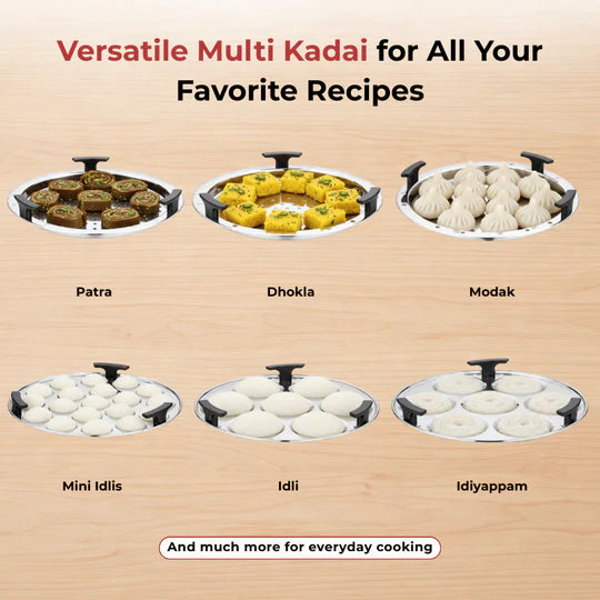 Doniv Triply Stainless Steel 6 Plates and 1 Multipurpose Kadai Steamer for Idli, Dhokla, Momos Heavy Guage Idli Dhokla Cooker Induction & Gas Stove Compatible (2 Idli, 1 Mini Idli, 1 Patra/Momos, 2 Khaman / Dhokla)