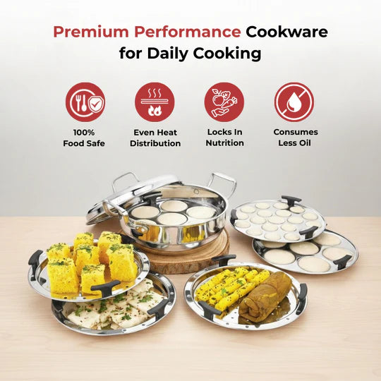 Doniv Triply Stainless Steel 6 Plates and 1 Multipurpose Kadai Steamer for Idli, Dhokla, Momos Heavy Guage Idli Dhokla Cooker Induction & Gas Stove Compatible (2 Idli, 1 Mini Idli, 1 Patra/Momos, 2 Khaman / Dhokla)