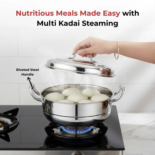Doniv Triply Stainless Steel 6 Plates and 1 Multipurpose Kadai Steamer for Idli, Dhokla, Momos Heavy Guage Idli Dhokla Cooker Induction & Gas Stove Compatible (2 Idli, 1 Mini Idli, 1 Patra/Momos, 2 Khaman / Dhokla)