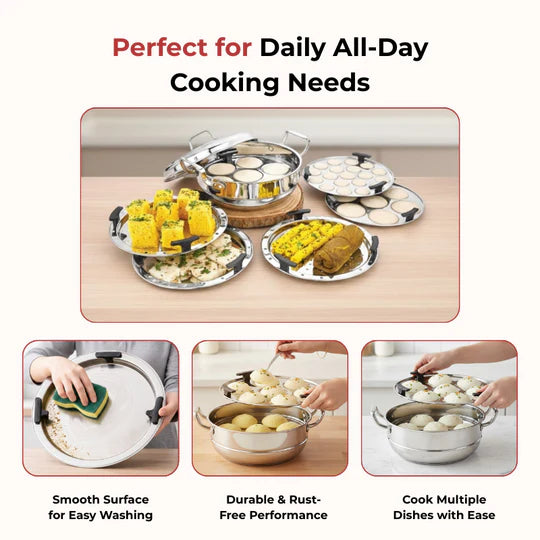 Doniv Triply Stainless Steel 6 Plates and 1 Multipurpose Kadai Steamer for Idli, Dhokla, Momos Heavy Guage Idli Dhokla Cooker Induction & Gas Stove Compatible (2 Idli, 1 Mini Idli, 1 Patra/Momos, 2 Khaman / Dhokla)