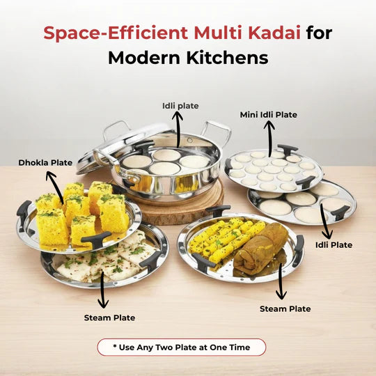 Doniv Triply Stainless Steel 6 Plates and 1 Multipurpose Kadai Steamer for Idli, Dhokla, Momos Heavy Guage Idli Dhokla Cooker Induction & Gas Stove Compatible (2 Idli, 1 Mini Idli, 1 Patra/Momos, 2 Khaman / Dhokla)