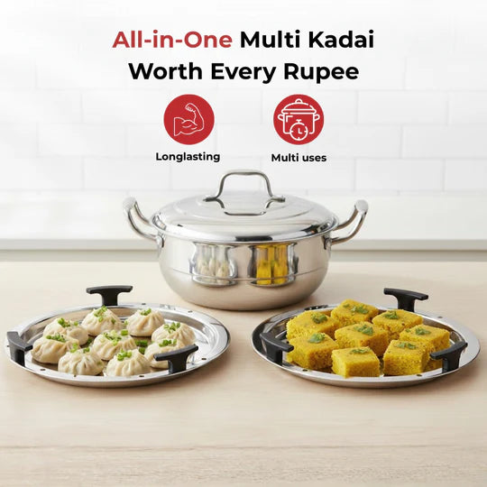 Doniv Triply Stainless Steel 6 Plates and 1 Multipurpose Kadai Steamer for Idli, Dhokla, Momos Heavy Guage Idli Dhokla Cooker Induction & Gas Stove Compatible (2 Idli, 1 Mini Idli, 1 Patra/Momos, 2 Khaman / Dhokla)
