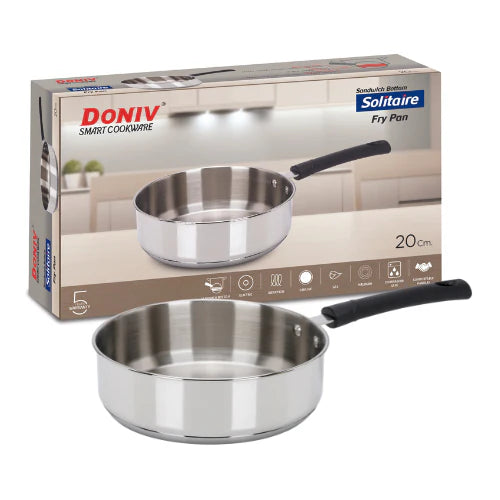 DONIV Stainless Steel Sandwich Bottom Solitaire Fry Pan, – Induction Friendly. Capacity 2 Liter