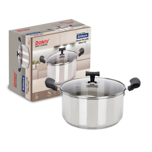 DONIV Stainless Steel Sandwich Bottom Solitaire Sauce Pot with Glass Lid & Side handle, Induction Friendly