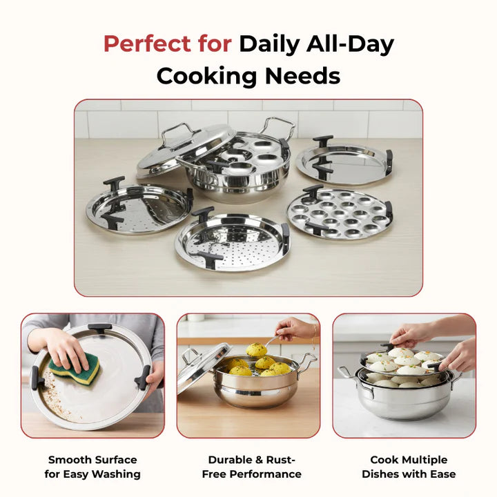 Doniv Stainless Steel Induction Bottom Multi Kadhai with 5 Plates (2 Idli, 1 Mini Idli, 1 Patra/Momos, 2 Khaman / Dhokla)