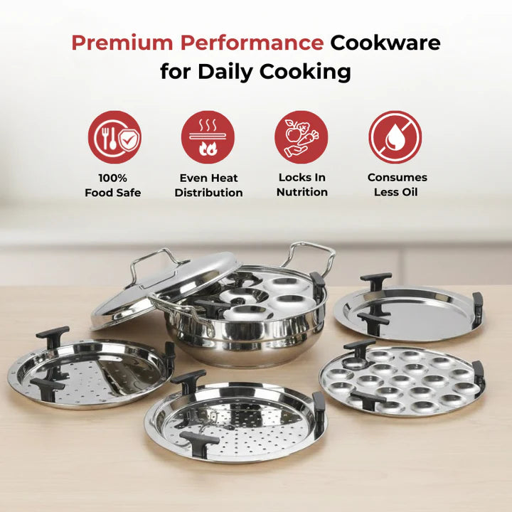 Doniv Stainless Steel Induction Bottom Multi Kadhai with 5 Plates (2 Idli, 1 Mini Idli, 1 Patra/Momos, 2 Khaman / Dhokla)