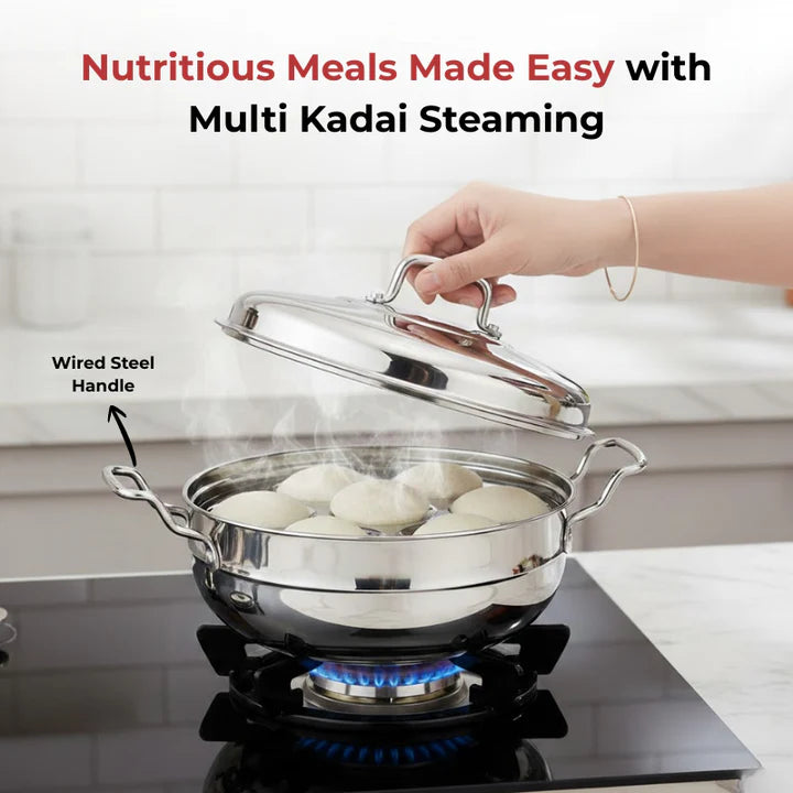 Doniv Stainless Steel Induction Bottom Multi Kadhai with 5 Plates (2 Idli, 1 Mini Idli, 1 Patra/Momos, 2 Khaman / Dhokla)
