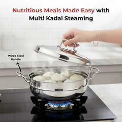 Doniv Stainless Steel Induction Bottom Multi Kadhai with 5 Plates (2 Idli, 1 Mini Idli, 1 Patra/Momos, 2 Khaman / Dhokla)