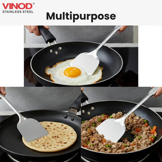 Vinod Stainless Queens Steel Roti Turner Heavy Gauge Flat Plain Cooking Spoon Steel Spatula I Set of 2